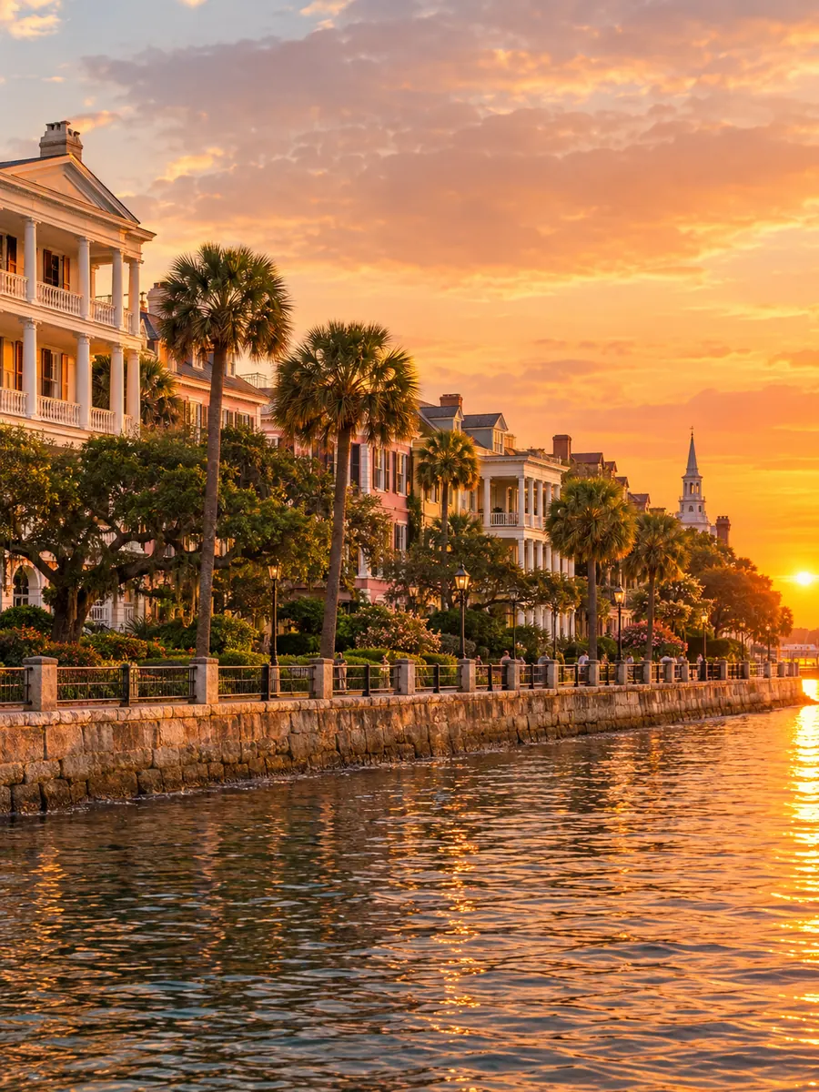 Pastellfarbene Villen und Palmettopalmen an der Ufermauer der Battery in Charleston zur goldenen Stunde