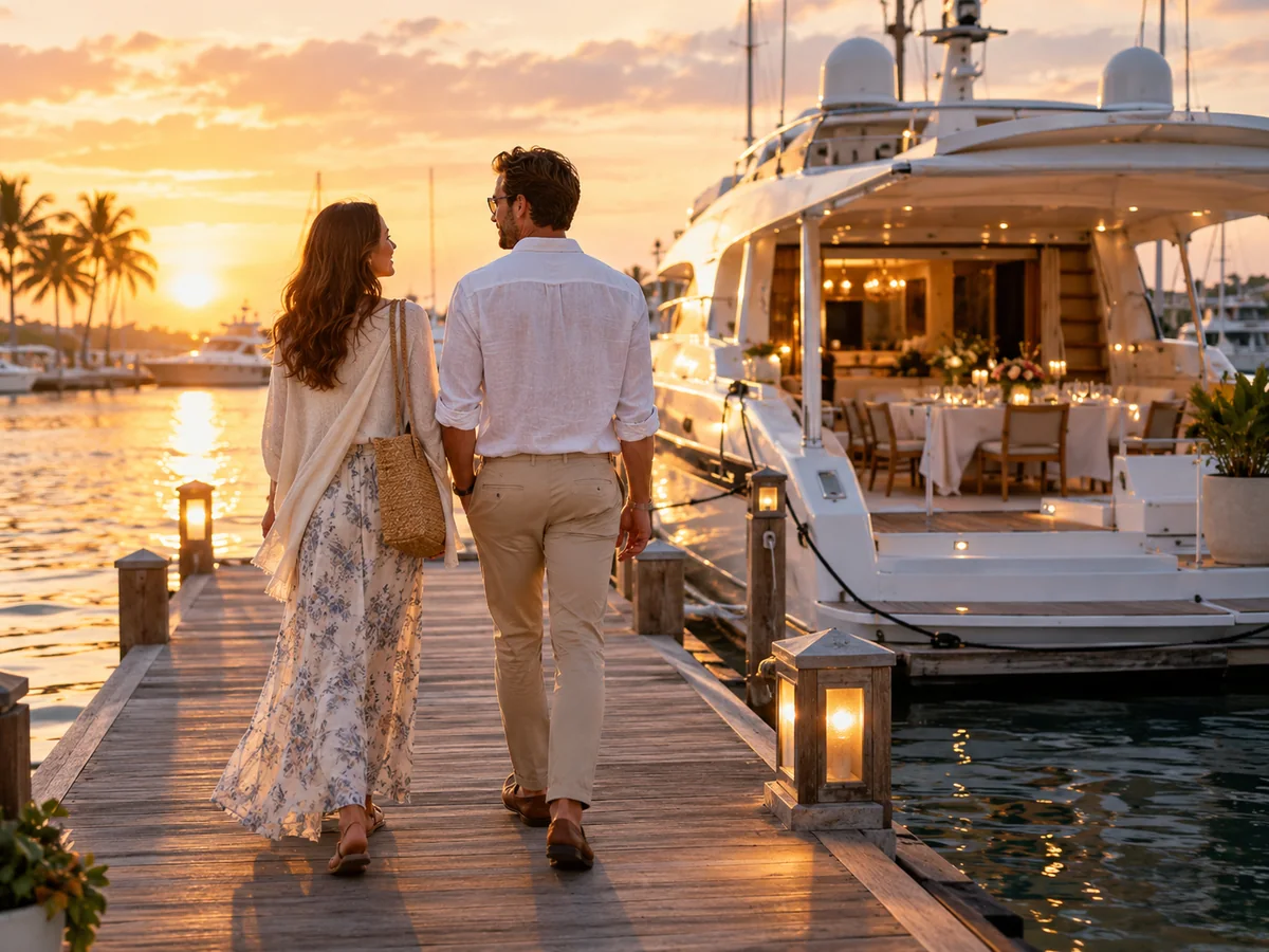 Ein Paar in Sommerkleid und Leinenhemd geht zur goldenen Stunde über einen Marina-Steg auf eine weiße Yacht zu