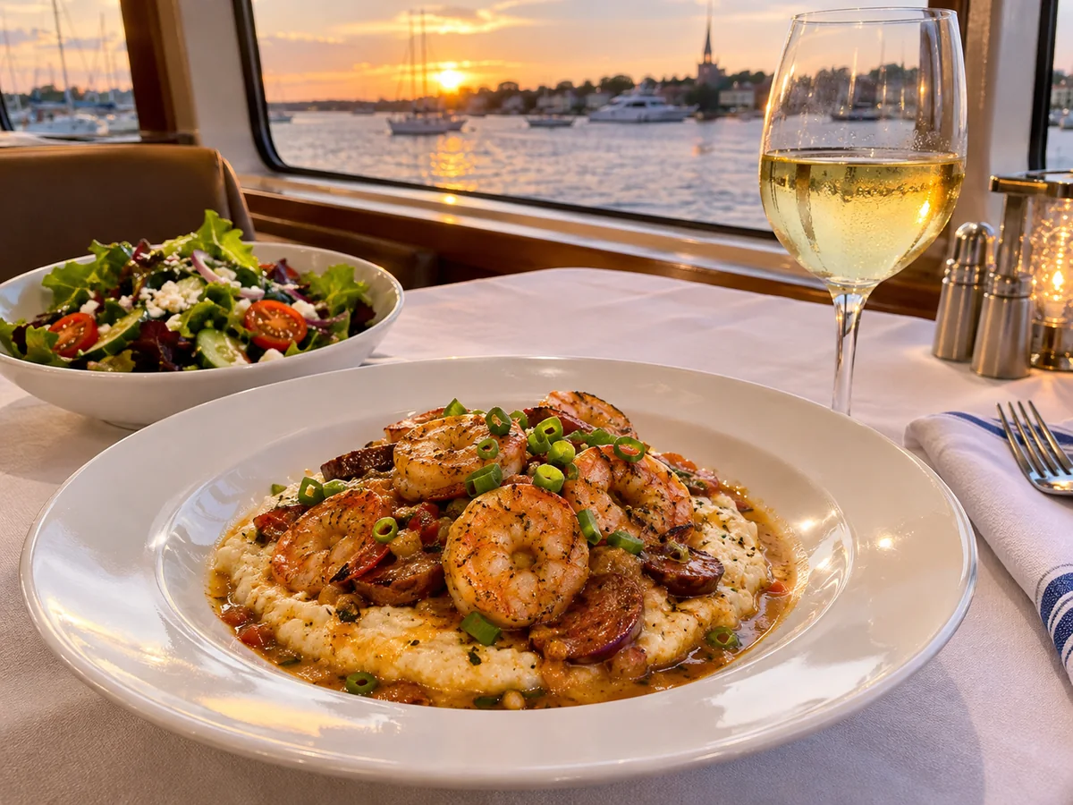 Ein Teller Shrimps mit Grits und Beilagensalat sowie Weißwein auf einem Tisch am Hafenfenster