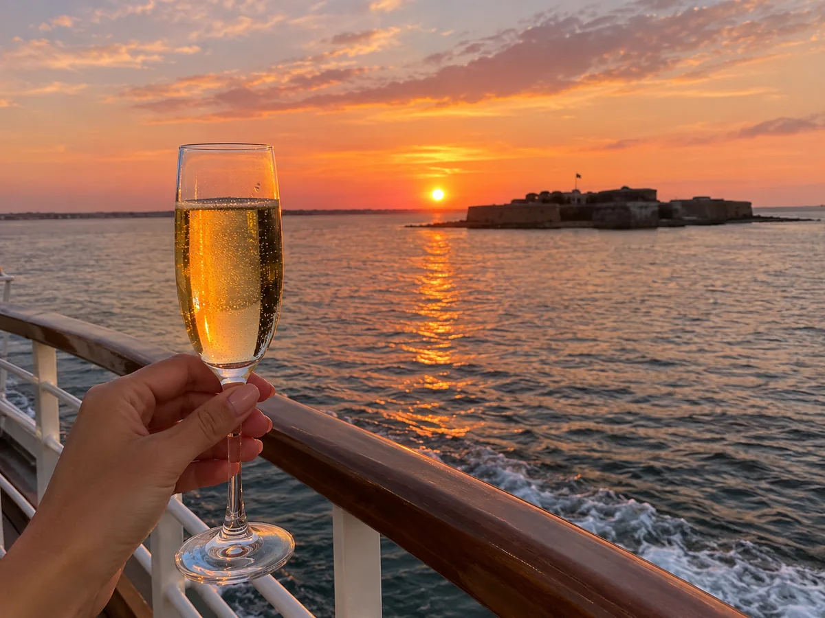 Ein Glas Sekt über der Reling eines Bootes, während die Sonne über dem Hafen von Charleston untergeht